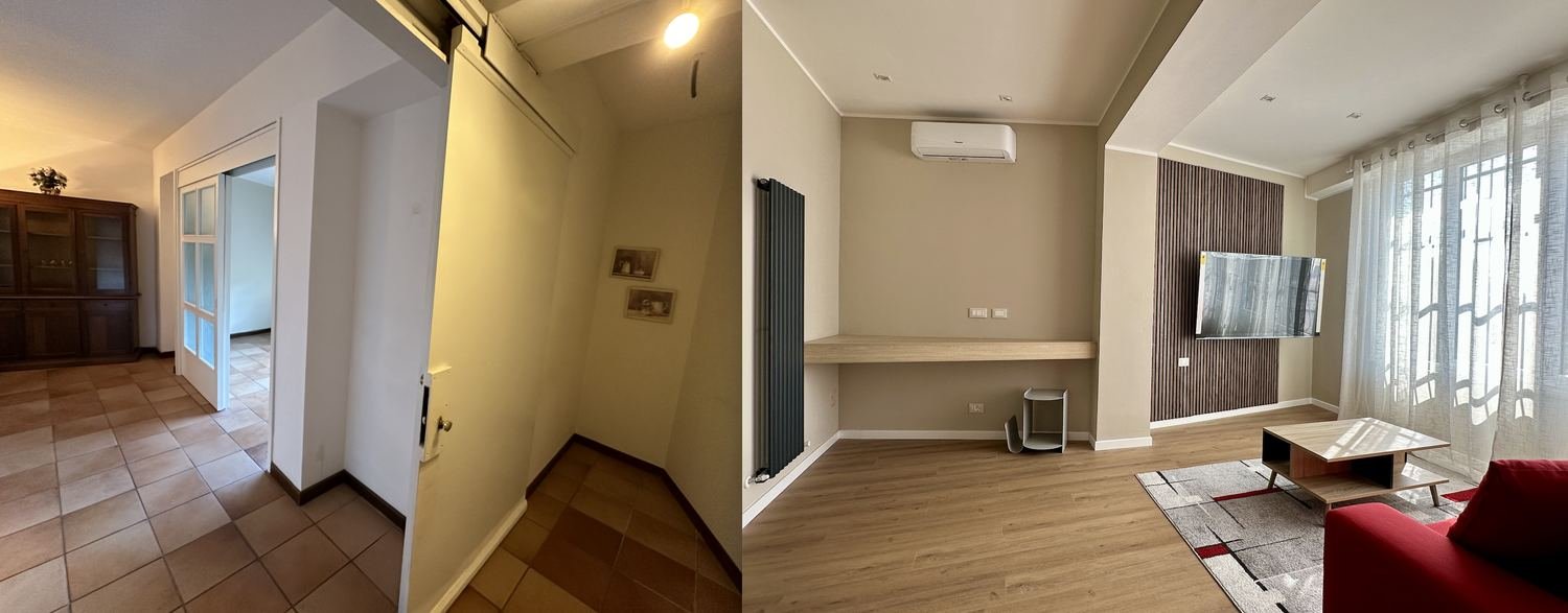 Séjour avant et après rénovation — sol, murs et climatisation